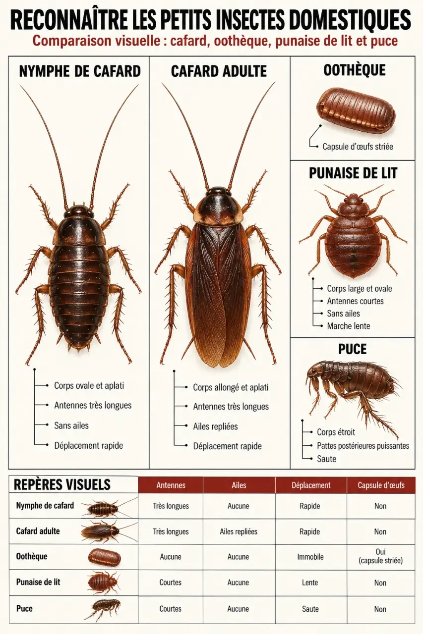 Infographie pour identifier une larve de cafard, une nymphe, un adulte, une oothèque, une punaise de lit et une puce