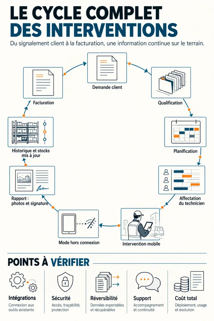 Infographie du cycle d’un logiciel de gestion des interventions, de la demande client à la facturation