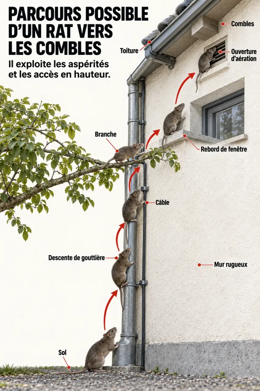 Schéma expliquant est-ce que les rats grimpent aux murs et les voies d’accès vers les combles