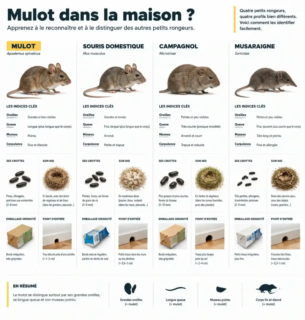 Infographie pour identifier un mulot dans la maison et le distinguer d’une souris, d’un campagnol ou d’une musaraigne