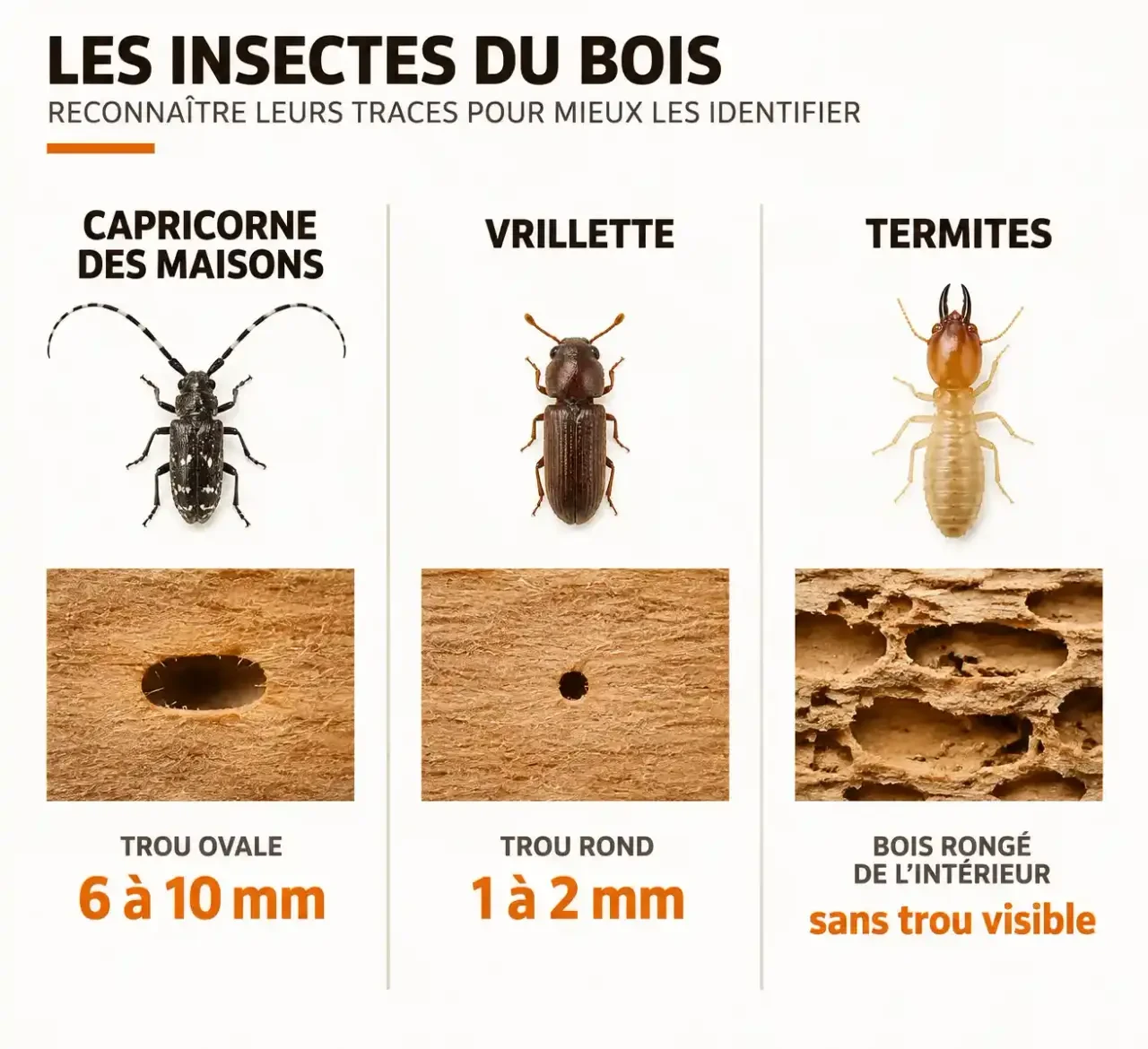Capricorne insecte du bois : comparaison des trous du capricorne des maisons, de la vrillette et des termites