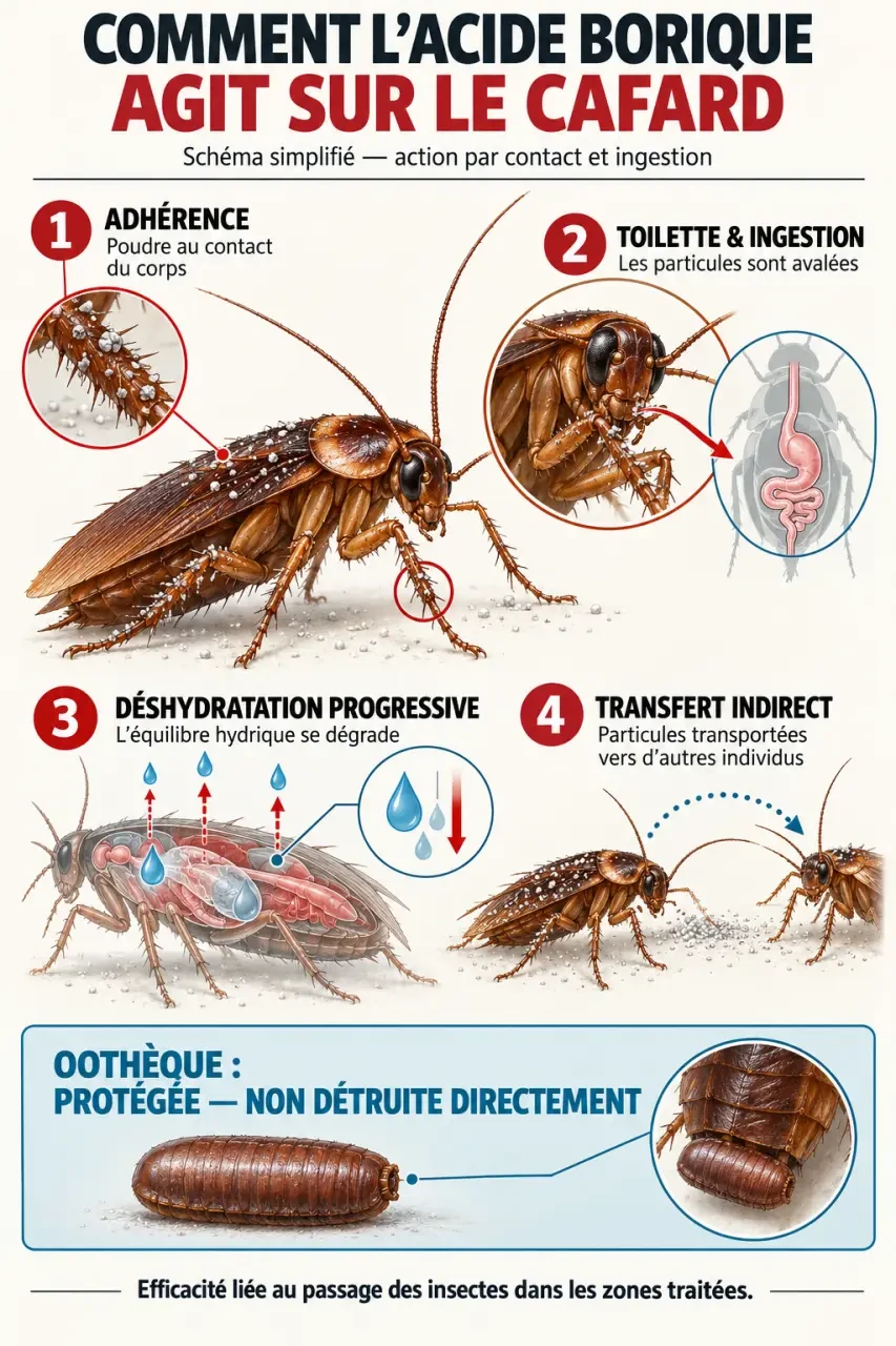 Schéma du mode d’action de l’acide borique contre les cafards et ses limites sur les oothèques