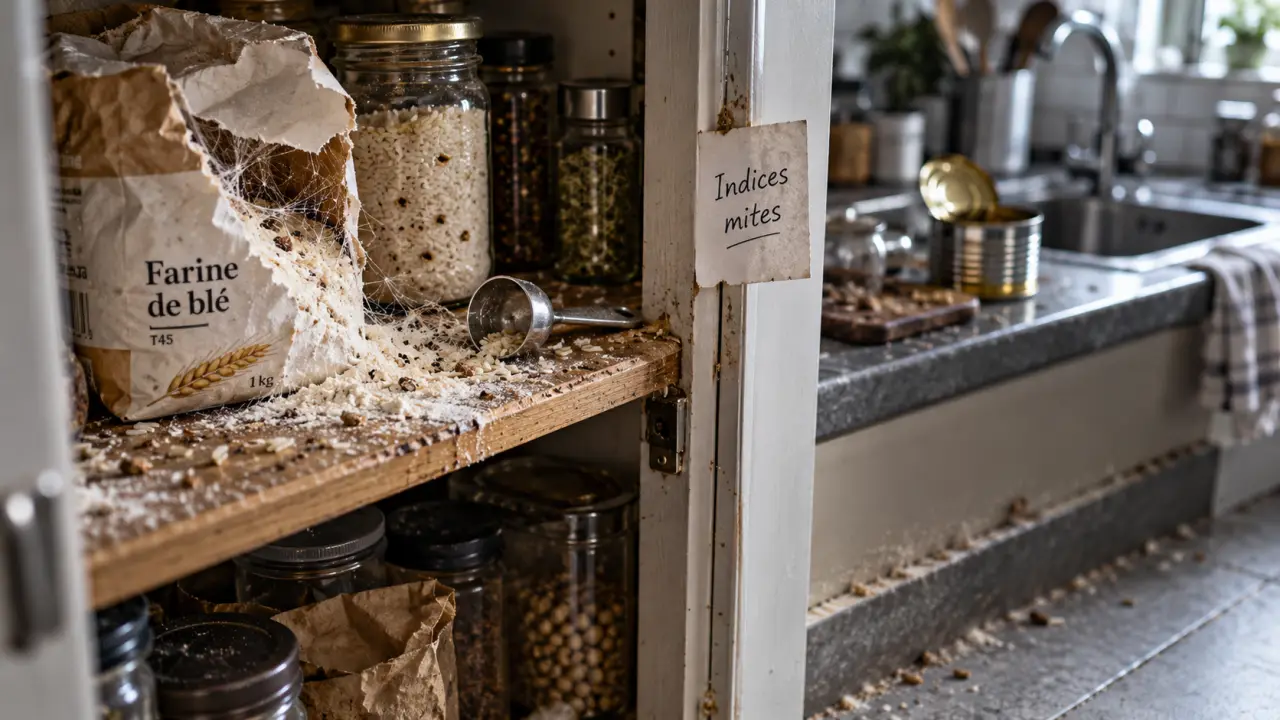 Insecte dans cuisine : fils et trous dans la farine et le riz